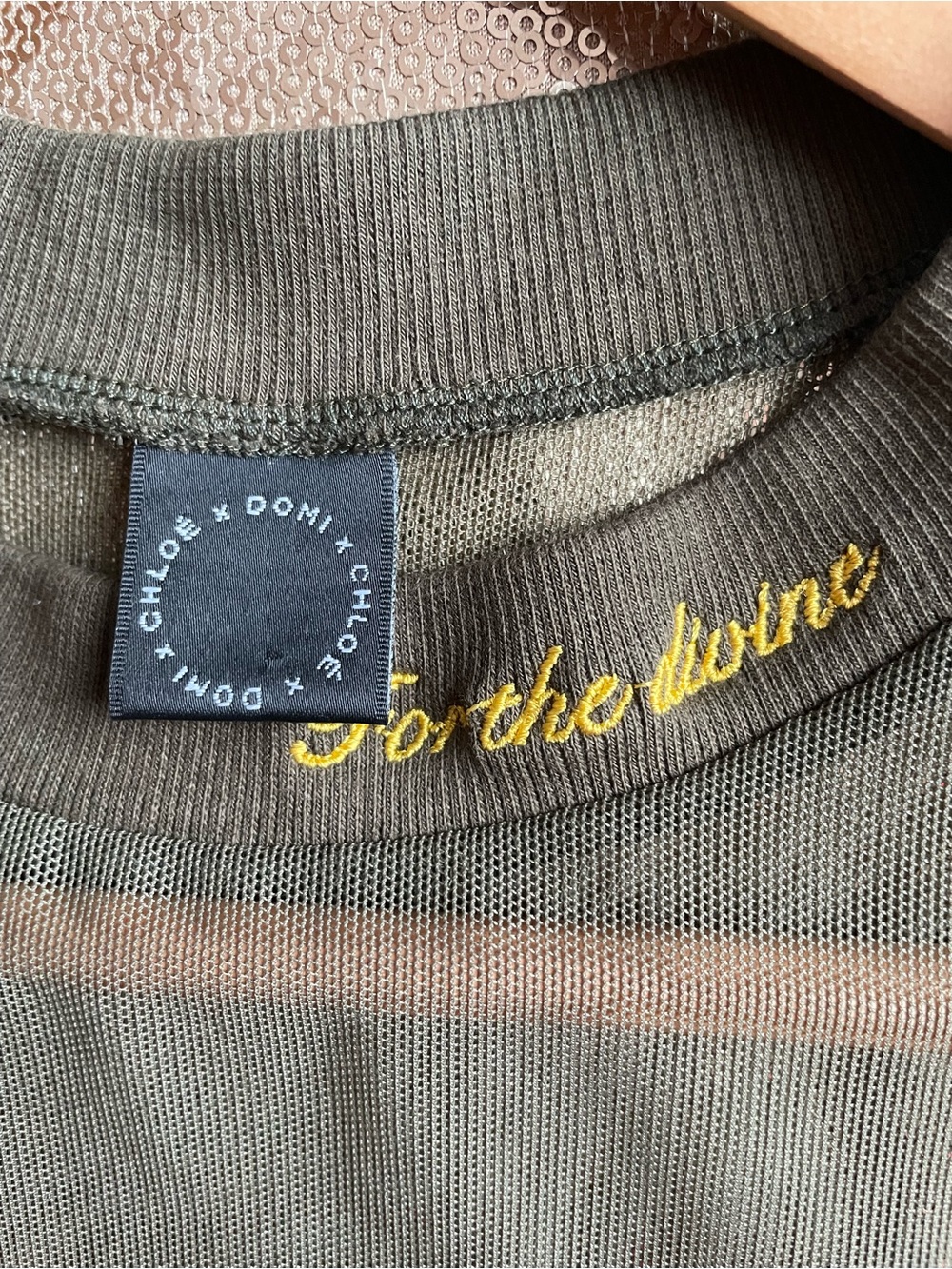 Chloé x DOMI Olive Green Sheer Mesh Top w/ embroidered Gold Script- unique - Picture 2 of 5